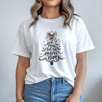 Minimalist Christmas Tree Script Tee, O Come Let Us Adore Him T-Shirt, Christian Holiday Graphic Shirt, Religious Faith Xmas Present for Her