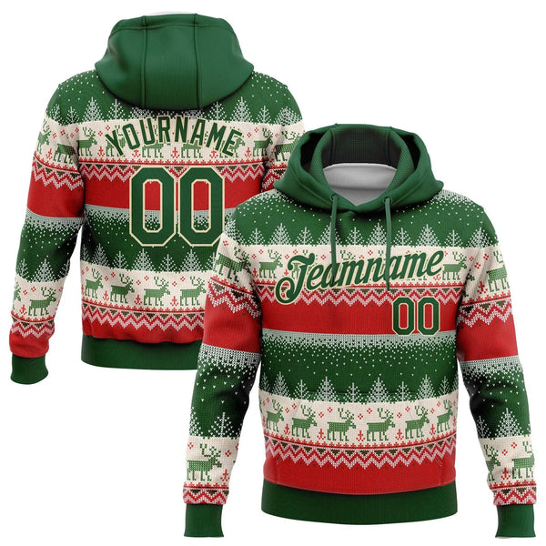 3D Reindeer Fair Isle Ugly Sweater Design, Custom Christmas Hoodie Sweatshirt, Personalized Name Number Holiday Hooded Pullov