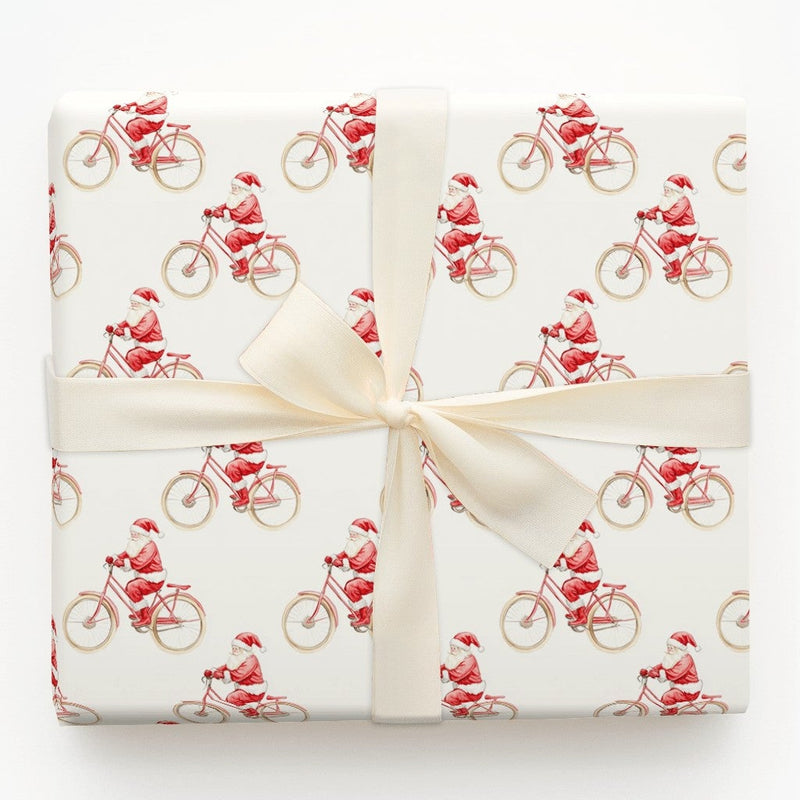 Cycling Christmas Gift Wrap, Santa on Bicycle Wrapping Paper, Watercolor Bike Holiday Wrapping Paper, Cyclist Christmas Gift Wrap Paper