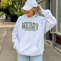 Military Camouflage Pattern Hooded Sweatshirt, Camo Merry Christmas Hoodie, Hunting Wife Holiday Pullover