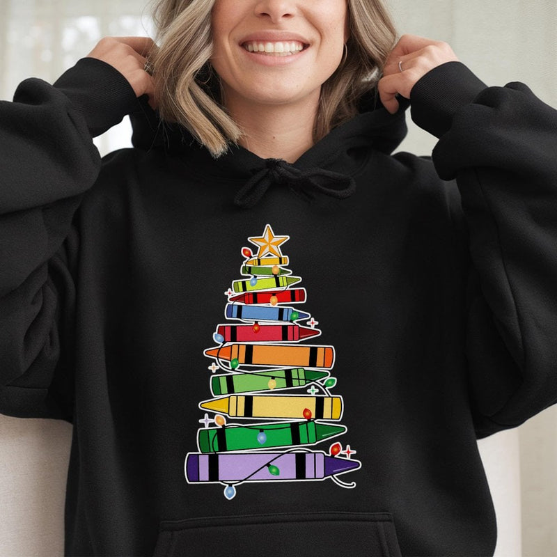 Teacher Holiday Crayon Sweatshirt, Christmas Crayon Tree Hoodie, Elementary School Educator Pullover, Adorable Festive Winter Teacher Present