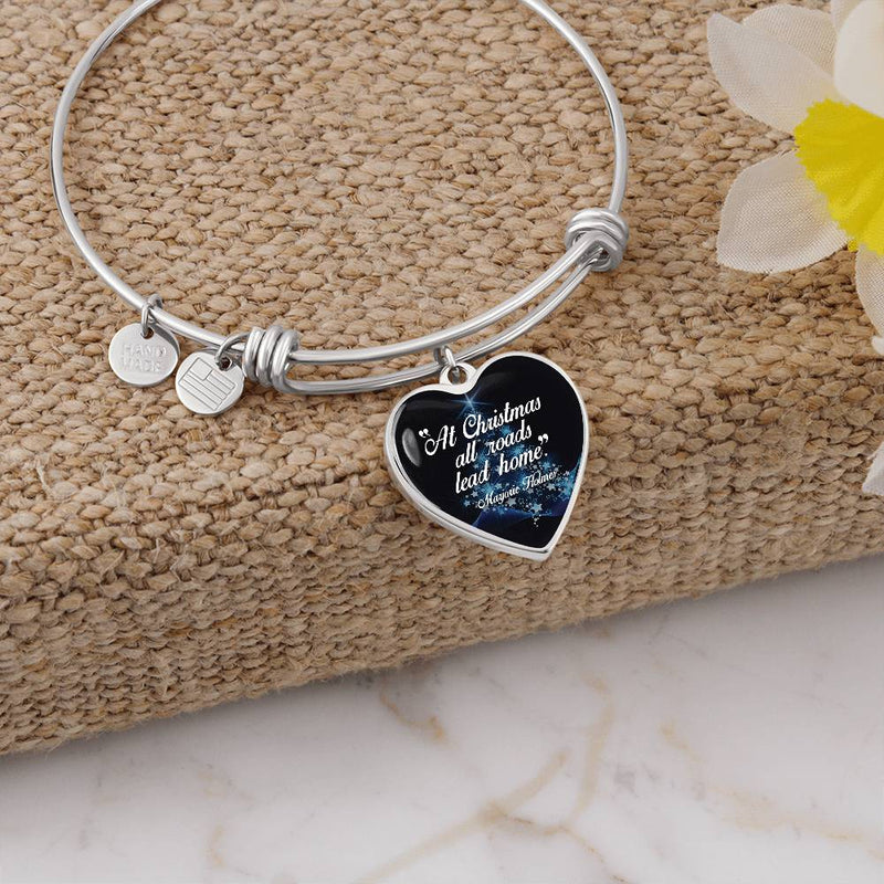 Christmas Holiday Charm Bangle, All Roads Lead Home Heart Bangle Bracelet, Silver Tone Festive Heart Bangle, Xmas Present for Her