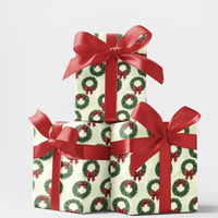 Classic Christmas Wreath Gift Wrap, Holiday Laurel Wreath Wrapping Paper, Crimson Bow Pine Gift Wrapping Paper, Festive Holiday Gift Wrap