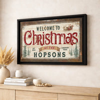 Rustic Santa Sleigh Canvas Wall Art, Personalized Family Christmas Sign, Custom Name Holiday Canvas Print, Farmhouse Xmas Wall Decor Present