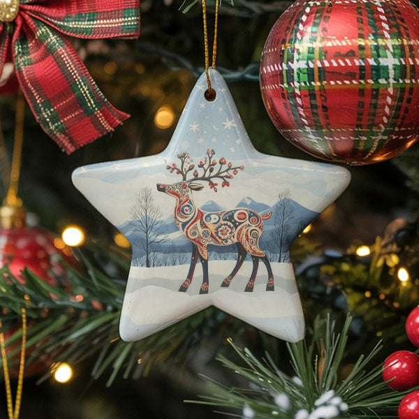 Winter Wonderland Deer Star Ornament, Folk Art Reindeer Star Ornament, Rustic Holiday Ceramic Ornament, Christmas Tree Star D