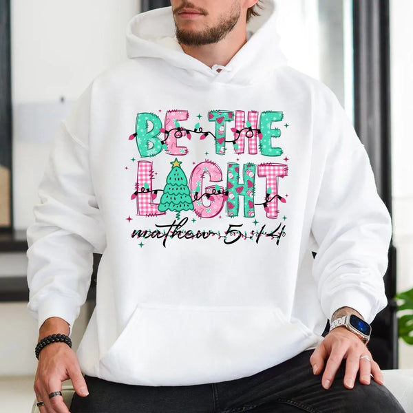 14 Hoodie, Be the Light Matthew 5, Christian Christmas Hooded Sweatshirt, Pink Green Plaid Holiday Pullover, Faith Present fo