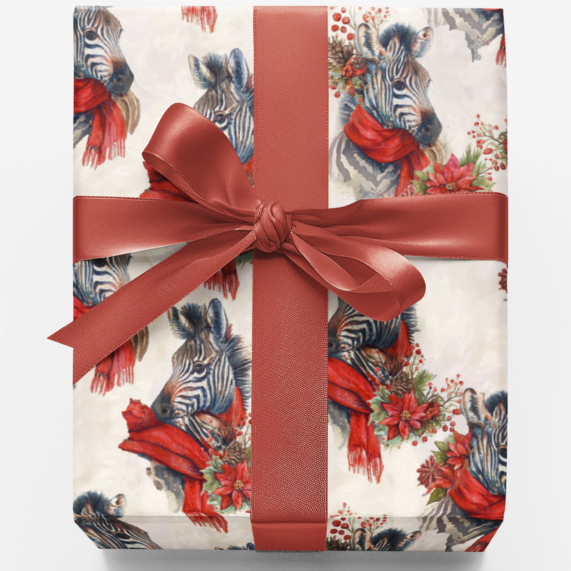 Festive Winter Scarf Gift Wrap, Zebra Christmas Wrapping Paper, Poinsettia Safari Animal Present Paper, Dog Lover Xmas Wrapping Paper