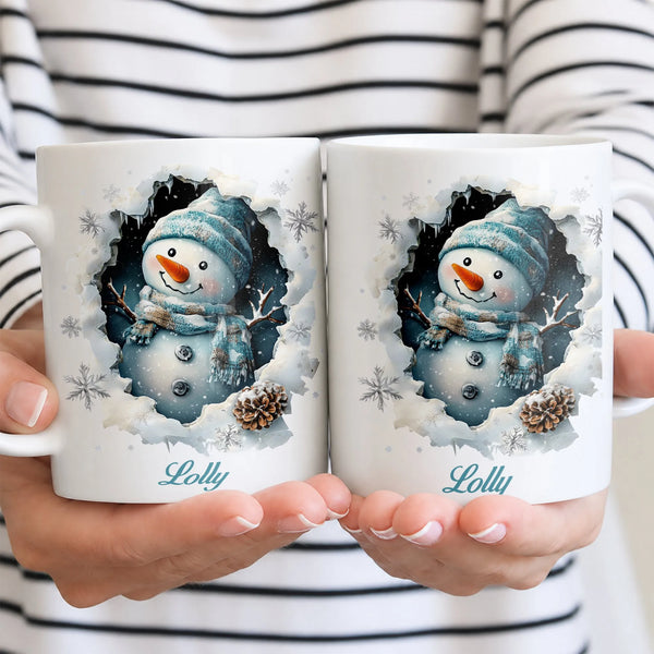 Personalized Name 3D Winter Coffee Mug, Custom Snowman Ceramic Mug, Adorable Holiday Tea Coffee Cup, Christmas Mug Present fo