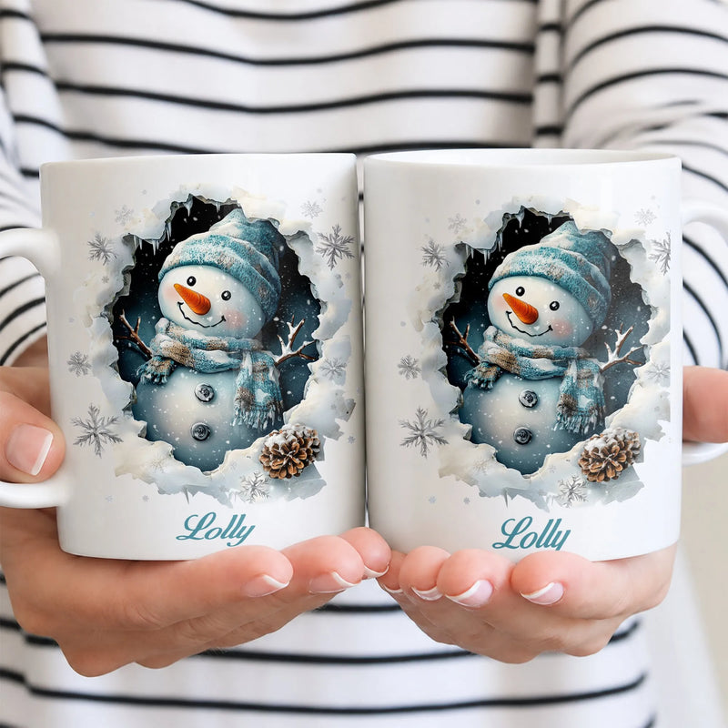Personalized Name 3D Winter Coffee Mug, Custom Snowman Ceramic Mug, Adorable Holiday Tea Coffee Cup, Christmas Mug Present for Coffee Lovers