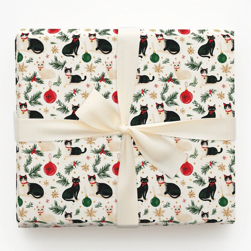 Festive Feline Holiday Gift Wrap, Christmas Cat Wrapping Paper, Tuxedo Kitten Christmas Wrapping Paper, Cat Lover Xmas Gift Wrap Roll