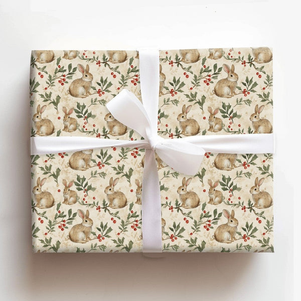 Watercolor Woodland Rabbit Gift Wrap, Vintage Bunny Christmas Wrapping Paper, Holly Berry Wrapping Paper, Rustic Winter Holid