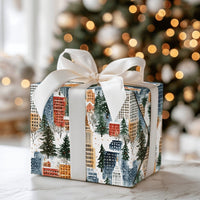 Snowy Urban Skyline Gift Wrap, Winter Cityscape Christmas Wrapping Paper, Watercolor City Holiday Wrapping Paper