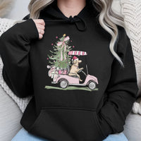 Pink Golf Cart Christmas Hoodie, Christmas Golden Retriever Hoodie, Festive Dog Lover Hooded Sweatshirt, Adorable Golfer Holiday Pullover