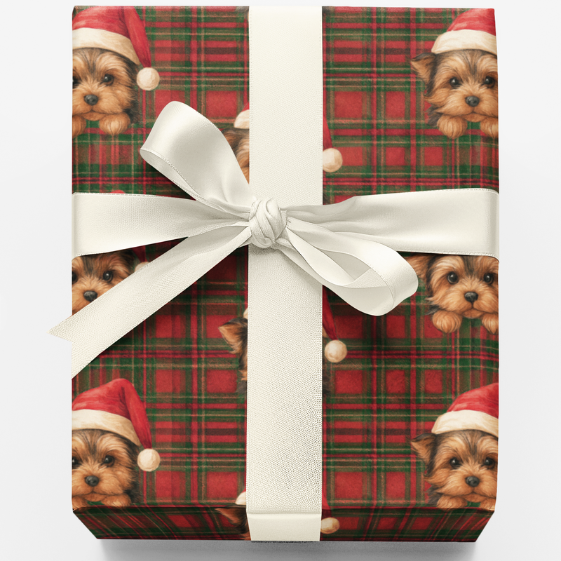Tartan Plaid Puppy Gift Wrap, Yorkie Christmas Wrapping Paper, Adorable Santa Dog Wrapping Paper, Holiday Pet Lover Gift Wrap, Xmas Wrap Roll