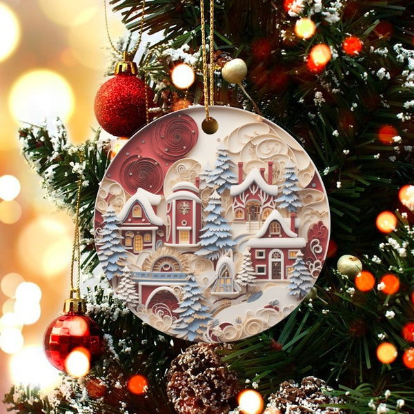 Paper Quilling Style Ornament, Winter Village Ceramic Ornament, Christmas Tree Hanging Ornament, Comfy Holiday Home Decor Pre