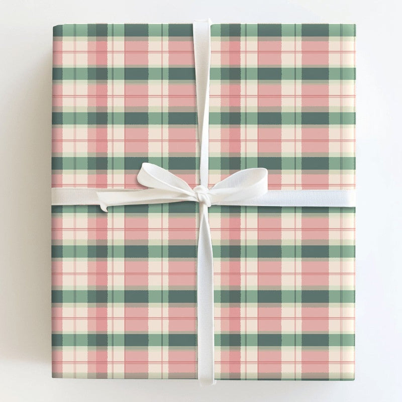 Vintage Tartan Holiday Gift Wrap, Pink and Green Plaid Wrapping Paper, Classic Check Present Paper, Christmas Birthday Gift Wrapping Roll