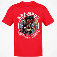 Humorous Christmas Horror Graphic Tee, Krampus Babysitting Service T-Shirt, Spooky Holiday Folklore Shirt, Alpine Demon Winter Top