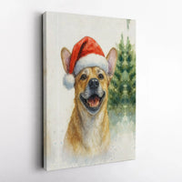 Festive Dog Holiday Poster, Watercolor Christmas Puppy in Santa Hat Wall Art, Adorable Winter Animal Pet Print, Digital Download Seasonal Decor