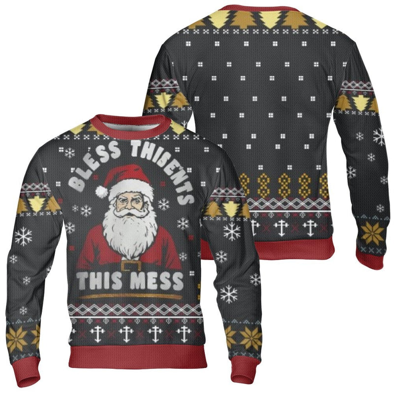 Humorous Santa Claus Ugly Sweater, Bless This Mess Ugly Christmas Sweater, Adorable Holiday Party Sweater, Xmas Graphic Crewneck Sweatshirt
