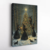 Snowy Forest Gothic Art Canvas, Witches Decorating Christmas Tree Canvas, Witchy Christmas Canvas Print, Dark Cottagecore Holiday Wall Art