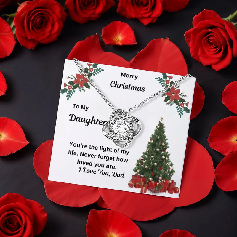 CZ Crystal Love Knot Pendant, Daughter Love Knot Necklace, Rotating Rose Box Knot Necklace, Christmas Keepsake Present for Daughter from Dad