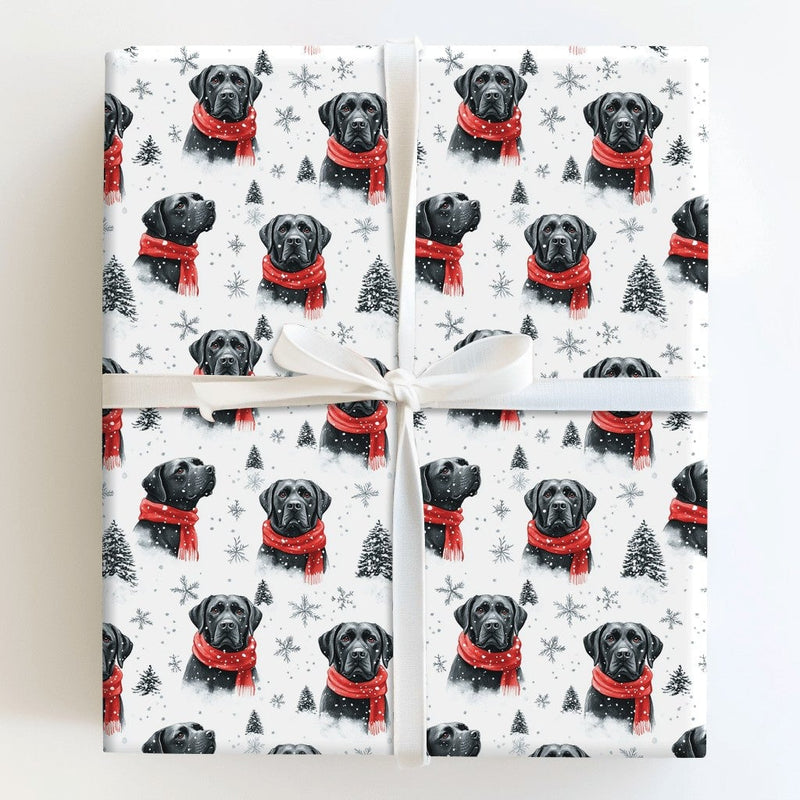 Red Scarf Dog Holiday Gift Wrap, Black Lab Christmas Wrapping Paper, Black Labrador Xmas Wrapping Paper, Puppy Lover Winter Gift Wrap Roll