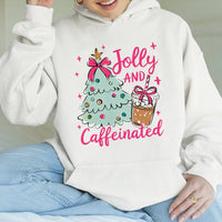 Christmas Coffee Lover Hoodie, Jolly and Caffeinated Hoodie, Adorable Holiday Coffee Pullover, Comfy Xmas Coffee Hoodie, Winter Coffee Sweatshirt