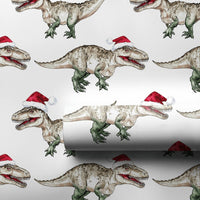 Santa Hat Dinosaur Gift Wrap, Watercolor T-Rex Christmas Wrapping Paper, Adorable Dino Holiday Wrapping Paper, Kids Winter Gift Wrapping Paper