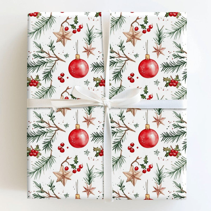 Gold Star Pine Christmas Gift Wrap, Watercolor Ornament Wrapping Paper, Festive Holly Berry Wrapping Paper, Holiday Present Wrapping Paper