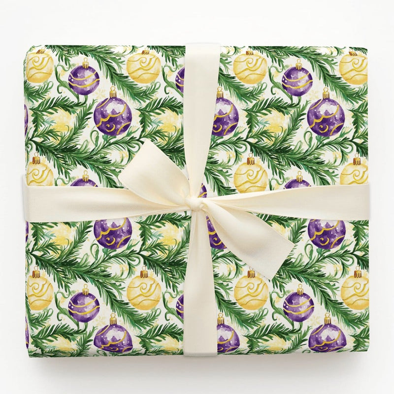 Watercolor Holiday Pine Gift Wrap, Purple and Gold Ornament Christmas Wrapping Paper, Festive Baubles Wrapping Paper, Elegant Xmas Gift Wrap