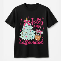 Christmas Coffee Lover Shirt, Jolly and Caffeinated T-Shirt, Festive Holiday Graphic Tee, Adorable Xmas Coffee T-Shirt