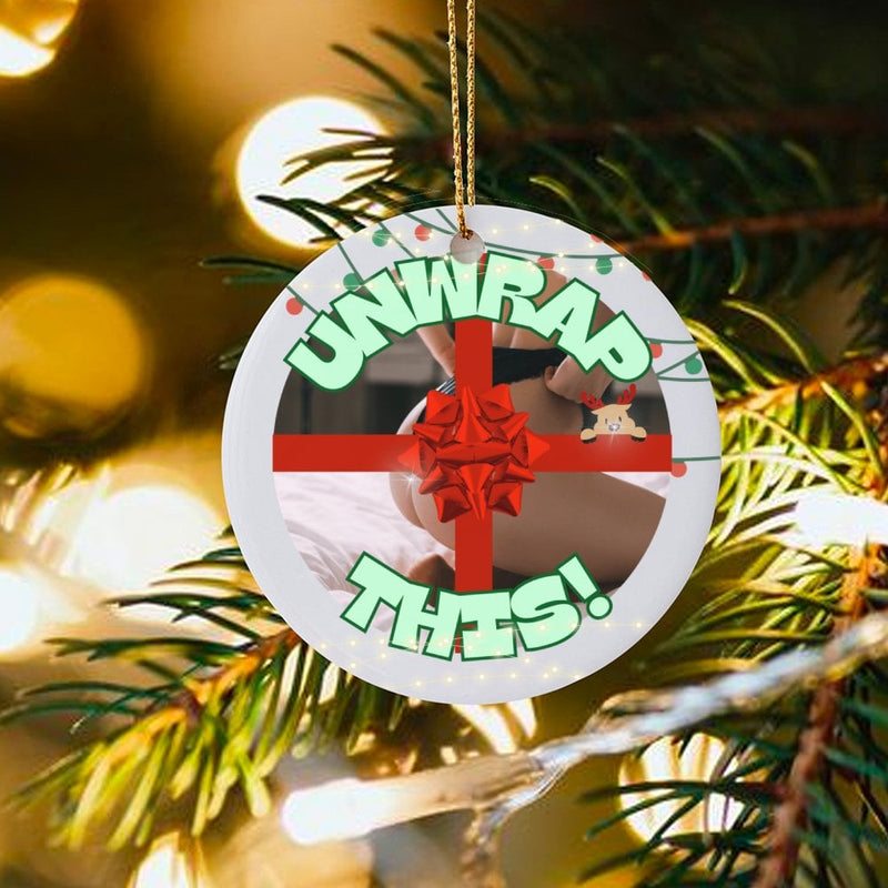Naughty Reindeer Holiday Ornament, Unwrap This Humorous Christmas Ornament, Adult Gag Present Ceramic Ornament, Sexy Couples Tree Decor