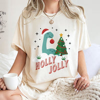 Adorable Festive Dino T-Shirt, Holly Jolly Dinosaur Christmas Shirt, Retro Holiday Dinosaur Graphic Tee, Xmas Dino Shirt, Family Matching Present