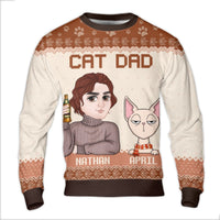 Custom Cartoon Face Christmas Sweater, Personalized Cat Dad Ugly Christmas Sweater, Humorous Pet Holiday Sweater, Cat Lover Crewneck Sweatshirt