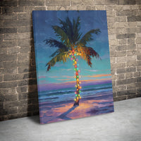 Coastal Beach Sunset Canvas, Tropical Christmas Palm Tree Canvas, Nautical Holiday Canvas Print, Festive Ocean Wall Art, Beach Lover Present