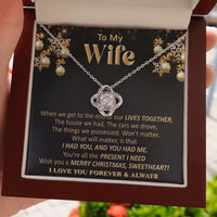 Christmas Message Card Jewelry Necklace, Wife Love Knot Necklace, 14k White Gold over Stainless Steel Necklace, Romantic Holiday Present