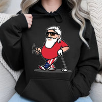 Humorous Patriotic Santa Sunglasses Pullover, Cool Santa Golf Hoodie, Retro Christmas Golfer Sweatshirt, Holiday Golfing Hooded Sweater
