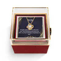 Rotating Rose Box CZ Crystal Pendant, Love Knot Necklace for Wife, White or Yellow Gold Jewelry, Romantic Christmas Present for Her