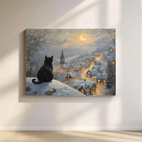 Comfy Christmas Winter Landscape Print, Black Cat Snowy Village Poster, Holiday Black Cat Digital Download, Festive Printable Wall Decor