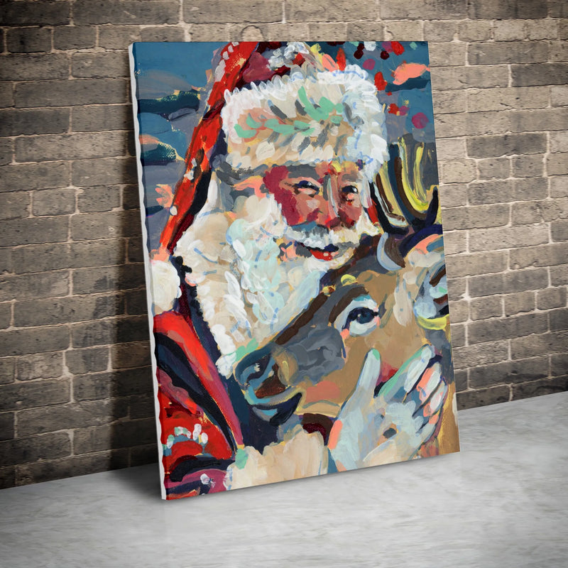 Abstract Holiday Santa Canvas, Santa Claus Reindeer Canvas Wall Art, Festive Christmas Reindeer Canvas Print, Winter Holiday Wall Decor