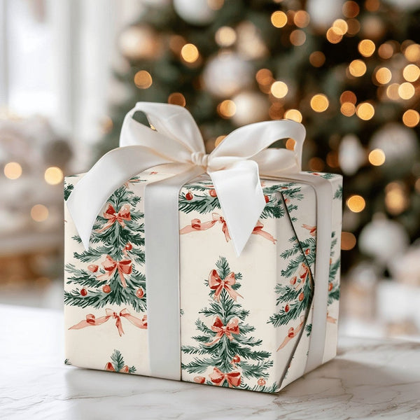 Watercolor Tree Gift Wrapping Paper, Vintage Christmas Tree Wrapping Paper, Red Bow Holiday Gift Wrap, Retro Xmas Paper, Part