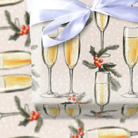 Holly and Pine Holiday Gift Wrap, Champagne Flute Wrapping Paper, New Years Eve Party Wrapping Paper, Christmas Celebration Gift Wrap