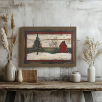 Snowy Christmas Tree Canvas Print, Rustic Red Barn Winter Canvas Art, Farmhouse Holiday Wall Decor, Winter Landscape Canvas Wall Art Present