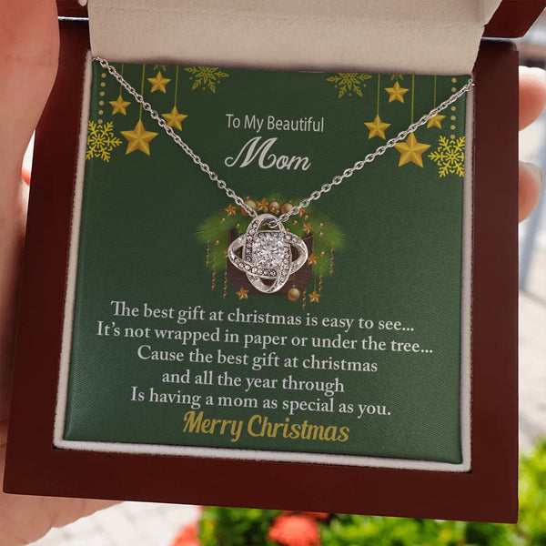 Mother Christmas Necklace, Love Knot Necklace for Mom, Love Knot Pendant Necklace, White Gold CZ Necklace, Holiday Keepsake P