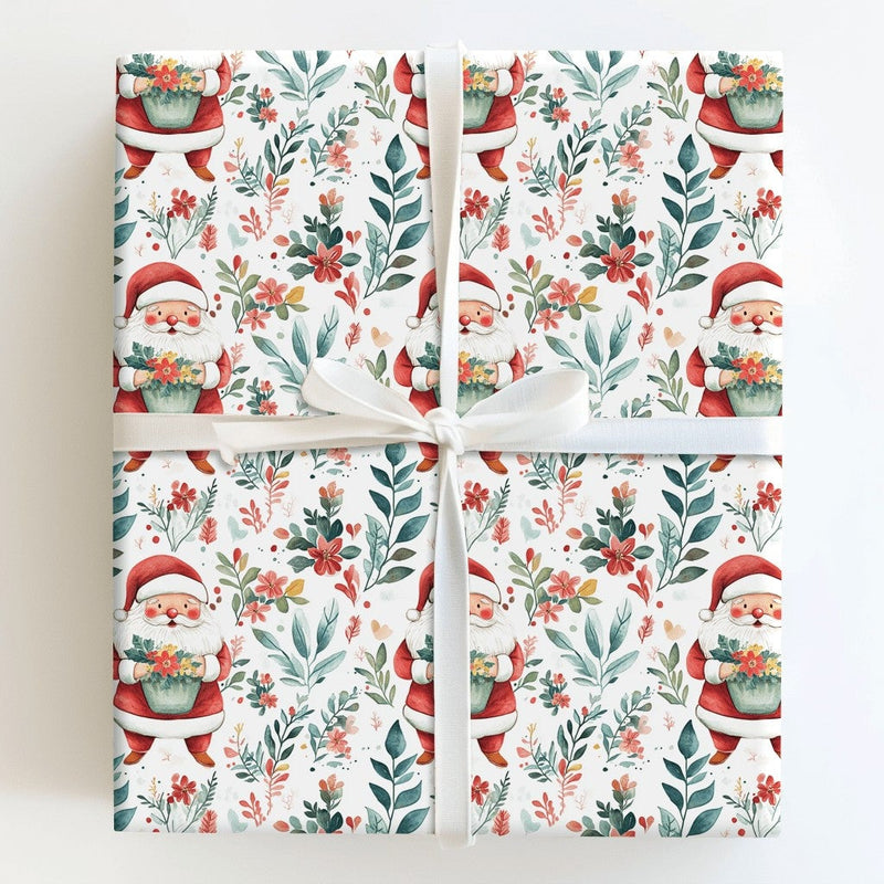 Botanical Pine Floral Christmas Gift Wrap, Watercolor Santa Wrapping Paper, Traditional Santa Claus Wrapping Paper