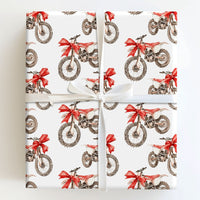 Dirt Bike with Bow Holiday Gift Wrap, Motocross Christmas Wrapping Paper, Red Dirtbike Xmas Wrapping Paper, Biker Holiday Present Paper Roll