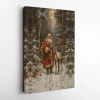 Snowy Winter Forest Canvas Wall Art, Santa Claus and Reindeer Canvas Print, Christmas Holiday Landscape Canvas, Rustic Xmas Home Decor