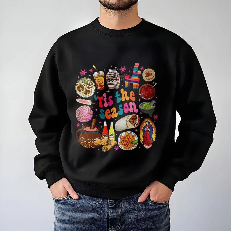 Tis the Season Food Graphic Sweatshirt, Mexican Christmas Sweatshirt, Hispanic Holiday Crewneck, Festive Mexican Xmas Pullover Sweater