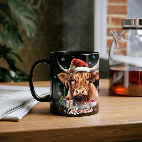 Festive Winter Highland Cow Mug, Highland Cow Santa Hat Christmas Mug, Adorable Snowflake Holiday Farm Animal Mug, Xmas Farmh