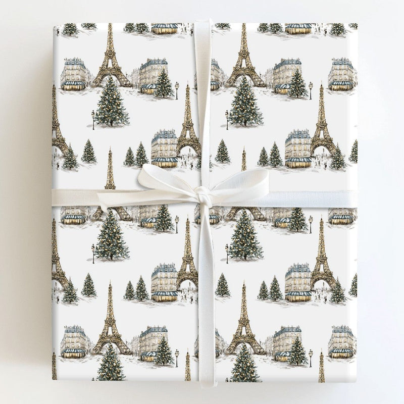 Snowy Eiffel Tower Gift Wrap, Paris Christmas Wrapping Paper, French Cityscape Holiday Wrapping Paper, Francophile Gift Wrapping Paper